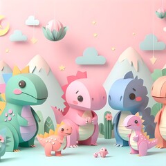 The cute and lovely dinos paper art, craft, surrealism, 3D digital art, simple background. Generative AI.