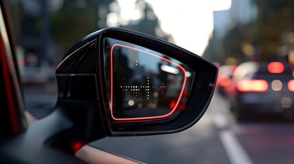 A closeup of a side mirror showcases an animated Cross Traffic Alert icon indicating that the car...