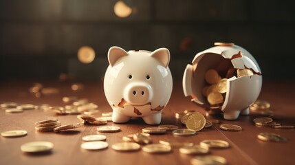 A ceramic piggy bank that's neatly cracked open, two separate piles of coins on either side, photo, realistic. - obrazy, fototapety, plakaty