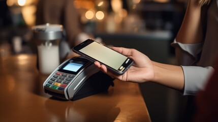 A Close up of female customer holding smartphone paying for order using modern simple e-wallet technology. The waiter provides a card reader for the customer to conduct a cashless payment transaction.