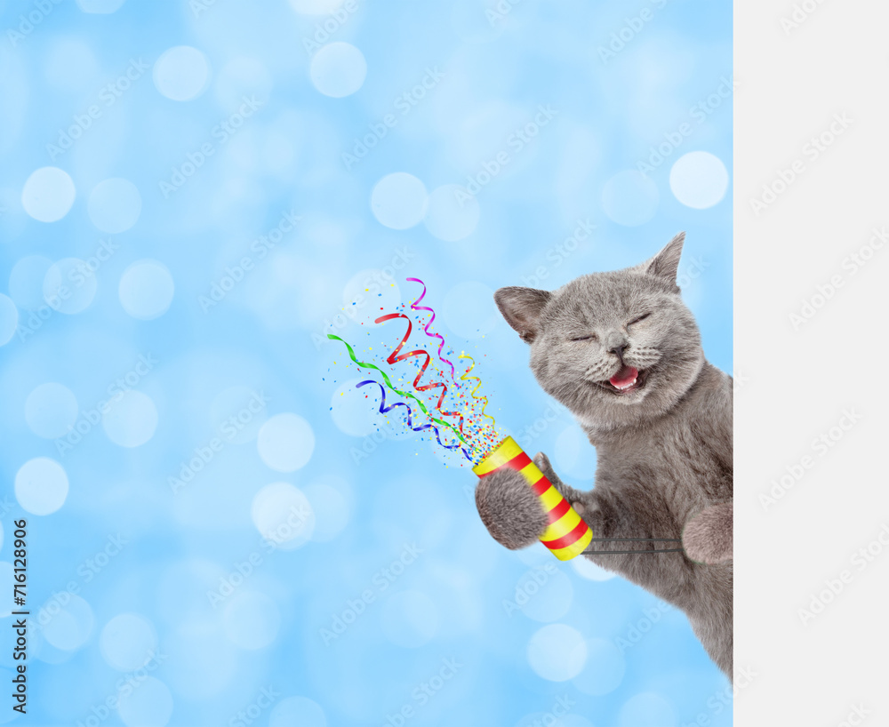 Aufkleber Happy cat holds exploding firecracker and looks from behind empty white banner. Festive blue blured background