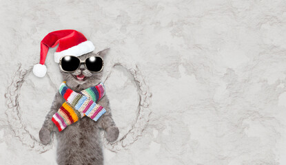 Happy cat wearing red santa hat and warm knitted scarf making snow angel while lying on snow. Empty space for text