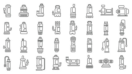 Submersible pump icons set outline vector. Motor machine. Electric equipment