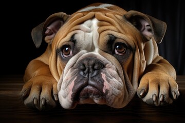 The muzzle of a beautiful purebred bulldog on a dark background.