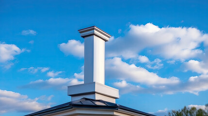 chimney on roof top of new house under construction on blue sky background