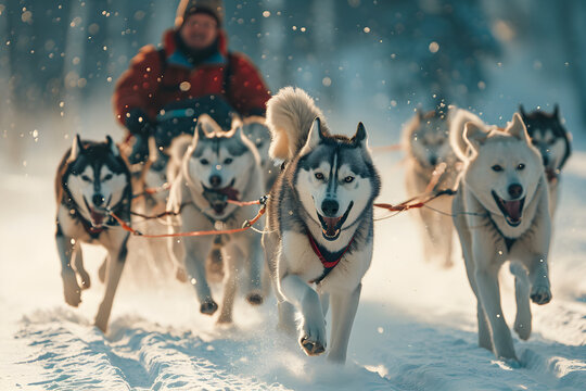 Musher hiding behind sleigh at sled dog race on snow in winter.