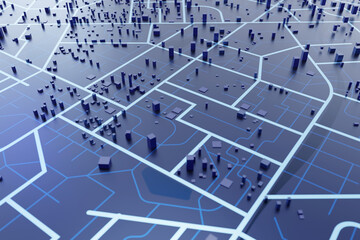 3D Rendering Top view City map with navigator line and destination GPS Technology transportation, Futuristic user interface, HUD Head-up display. Technology and futuristic concept