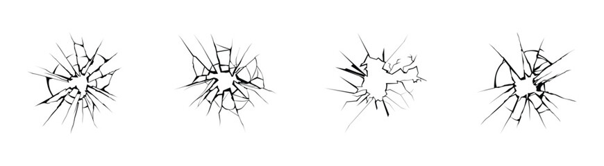 Cracked glass. Broken window, Set of Glass cracks. Hand-drawn cracked glass wall vector illustration - obrazy, fototapety, plakaty