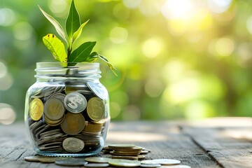 An image depicting a young plant growing from a jar of coins