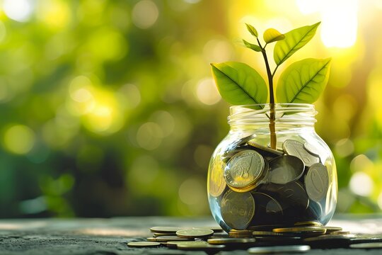 An image depicting a young plant growing from a jar of coins