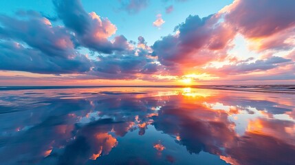A stunning image of a vibrant sunset with clouds reflected on the wet sand during low tide - obrazy, fototapety, plakaty