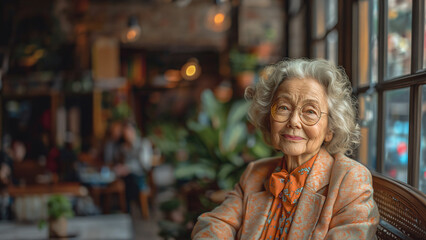 Obraz premium senior woman is sitting in a cafe