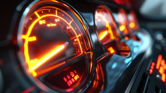 The camera zooms in on a holographic fuel gauge with a threedimensional image of a gas pump shifting as the cars fuel supply decreases. Numbers and bars indicating fuel leve - Powered by Adobe