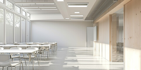 Clean minimal office board room meeting space, business rooms, workspace table chairs, generated ai
