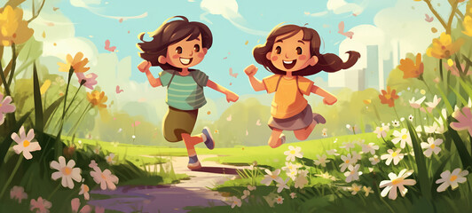 Springtime Fun: Cute Illustration of Friends Playing in the Spring