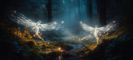 Two glowing ethereal fairies with wings in dark magical forest filled with misty light and sparkles. Angelic beings playing in the woods. Playful spirits of nature, fairytale creatures.