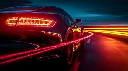 The glowing fiery red tail lights of a car whizzing by illuminate the night air leaving behind a radiant streak in its path