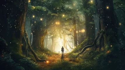 Photo sur Plexiglas Noir Person walking along the path through the dark enchanted forest towards the light. Magical landscape with glowing lights and sparkles, old trees with strong roots. Energy of nature.