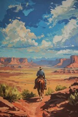 Painting of a solitary cowboy riding through a vast desert landscape, blending impressionism, surrealism, and pop art