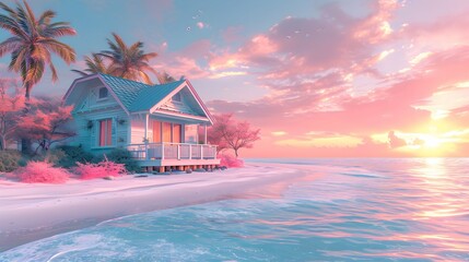 Delight in the quaint charm of a beachside cottage, its pastel hues echoing the soothing tones of the ocean.