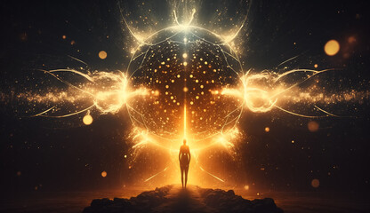 Silhouette of a person standing in front of a sparkling, glowing sphere of golden light. Mystical experience, portal to another dimension, afterlife, spiritual practice.