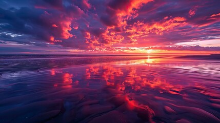 A stunning image of a vibrant sunset with clouds reflected on the wet sand during low tide - obrazy, fototapety, plakaty