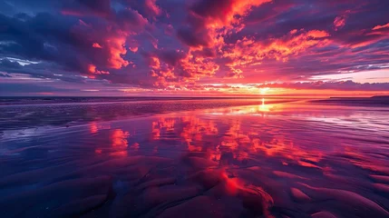 Schilderijen op glas A stunning image of a vibrant sunset with clouds reflected on the wet sand during low tide © NabilBin