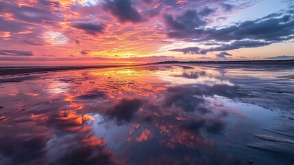 Fototapeta na wymiar A stunning image of a vibrant sunset with clouds reflected on the wet sand during low tide