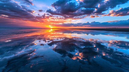 A stunning image of a vibrant sunset with clouds reflected on the wet sand during low tide