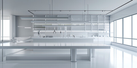 Clean minimal laboratory office science practice room, white walls, illustration, generated ai