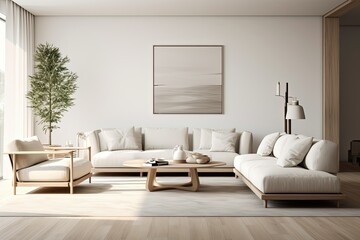 a living room with a white couch and a coffee table