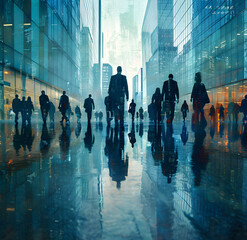 Abstract crowd of business people walking in front of corporate building