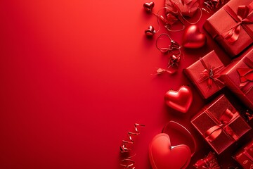 Top view photo of saint valentine`s day decorations presents gift boxes on isolated red background with copy space.