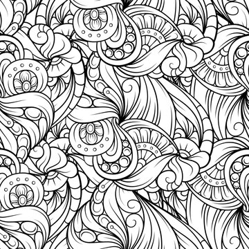 Black and white abstract doodles vector seamless pattern. Antistress coloring page background.