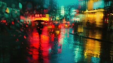 Blurred photography capturing a rainy night in the city. Utilizing a slow shutter speed, the scene features silhouettes adorned with neon lights, creating a mesmerizing and blurred ambiance