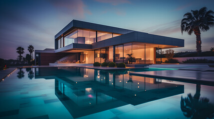 A mansion with a beautiful infinity pool and sunset - obrazy, fototapety, plakaty