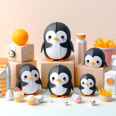 Fototapeta premium The cute and lovely Penguins paper art, craft, surrealism, 3D digital art, simple background. Generative AI.