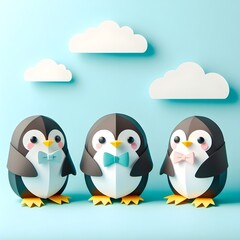 Fototapeta premium The cute and lovely Penguins paper art, craft, surrealism, 3D digital art, simple background. Generative AI.