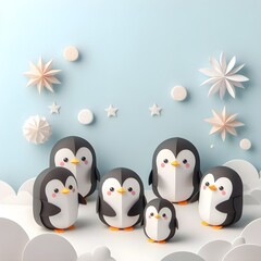The cute and lovely Penguins paper art, craft, surrealism, 3D digital art, simple background. Generative AI.