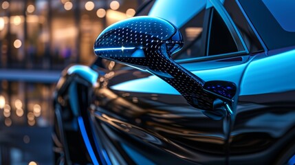 An extreme closeup of a side mirror on a luxury car showcasing the intricate and intricate design...