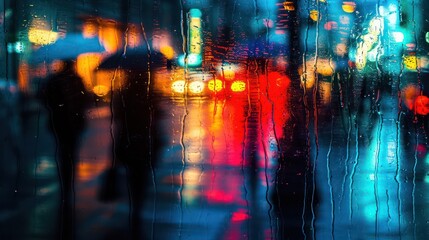 Blurred photography capturing a rainy night in the city. Utilizing a slow shutter speed, the scene features silhouettes adorned with neon lights, creating a mesmerizing and blurred ambiance