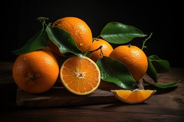 Oranges with green leaves on a black background.