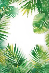Fototapeta na wymiar green palm leaves forming a frame around a blank white space. It exudes a tropical vibe, with vibrant shades of green. The central area can be used for text or highlighting a subject. background