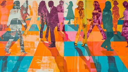 Fototapeta premium 70s Disco Revival: Colorful Dancers on Monochrome Floor