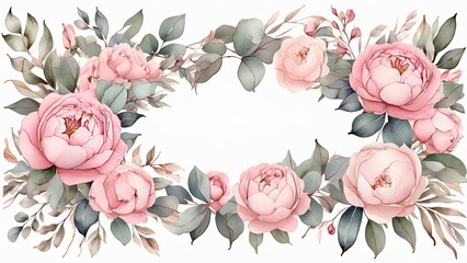 Elegant floral frame with pink peonies and green leaves, perfect for wedding invitations, greeting cards, and romantic backgrounds. High quality botanical illustration - obrazy, fototapety, plakaty