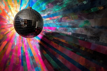 Disco Ball Magic: Colorful Rays in Black & White Scene