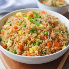 Fried rice with green peas, carrot and egg in a bowl