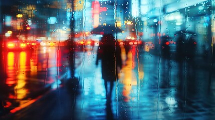 Blurred photography capturing a rainy night in the city. Utilizing a slow shutter speed, the scene features silhouettes adorned with neon lights, creating a mesmerizing and blurred ambiance