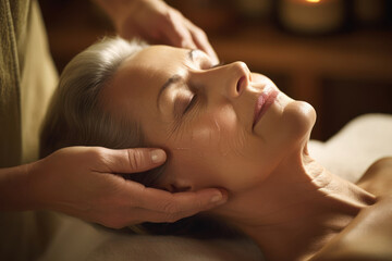 beautiful gray-haired woman getting facial massage. reducing stress, weekend, holiday - obrazy, fototapety, plakaty
