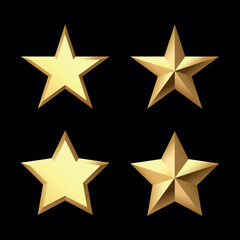 Set of Golden Christmas 3d Star metal glossy bright shine five angle star shape isolated collection on black Background. Icon for holiday design element.